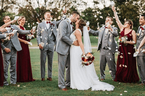 Burgundy bridesmaid dresses with grey suits