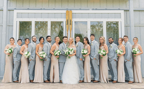 Champagne bridesmaid dresses with grey suits