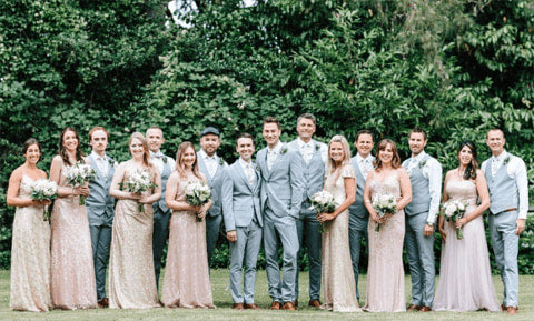 Gold bridesmaid dresses with grey suits