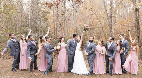Dusty Rose bridesmaid dresses with grey suits