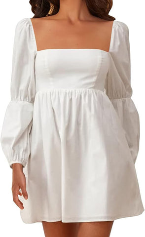 Amazon EXLURA Puff Sleeve Short white satin Dress