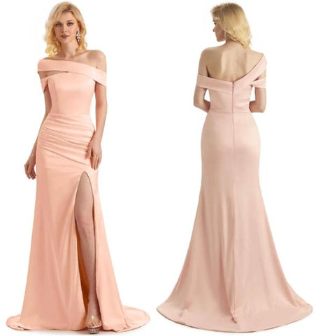 Elegant Asymmetrical Off Shoulder Soft Satin Side Slit Long Mermaid Bridesmaid Dresses