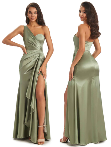 Floor-Length Soft Satin Side Slit One Shoulder Sexy Mermaid Bridesmaid Dresses Online
