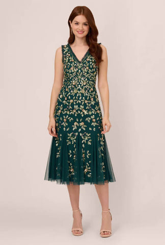 Floral Beaded Ankle-Length Dress With Godet Skirt In Gem Green