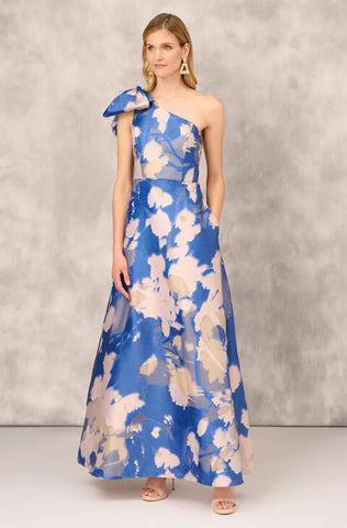 Floral Jacquard One Shoulder Ball Gown With Bow Accent In Royal Sapphire