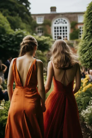 Garden wedding, two female guests wearing burnt orange dresses with their backs to the camera