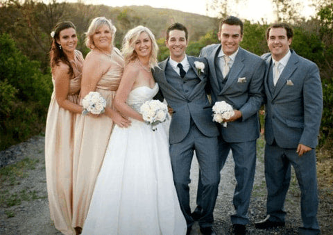 Gold bridesmaid dresses with grey suits