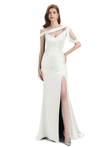 Ivory Satin V-Neck Side Slit Mermaid Bridesmaid Dresses