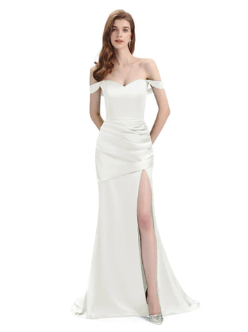 Ivory Sleeveless Satin Side Slit Off Shoulder Bridesmaid Dresses