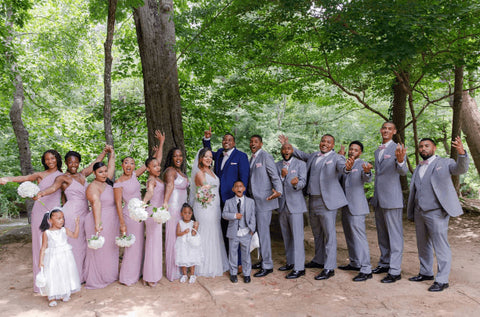 Lilac bridesmaid dresses with grey suits