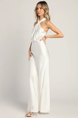 Lulus White Satin Halter Neck Twist-Front Maxi Dress