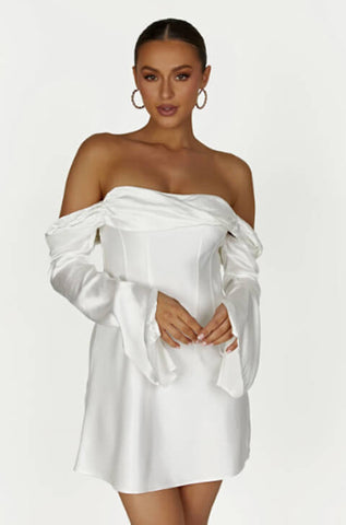 Off Shoulder White Satin Mini Dress long sleeve