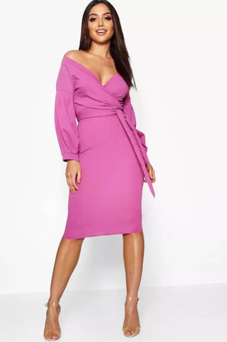 Off The Shoulder Wrap Midi Dress
