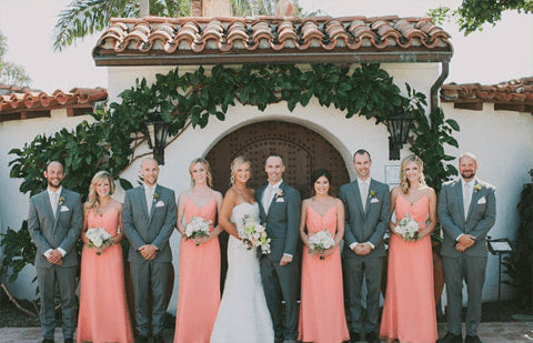 Peach bridesmaid dresses with grey suits