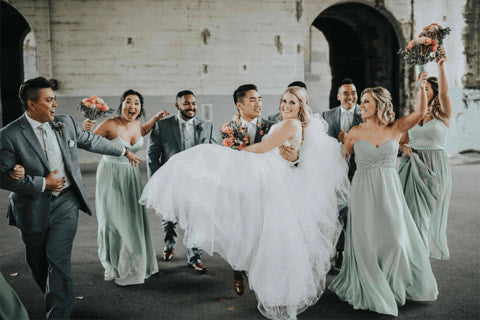 Sage Green bridesmaid dresses with grey suits