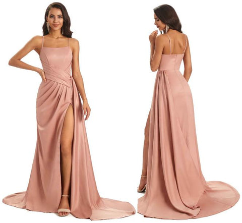 Sexy Soft Satin Side Slit Spaghetti Straps Floor-Length A-Line Bridesmaid Dresses