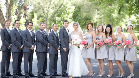 Silver bridesmaid dresses with grey suits