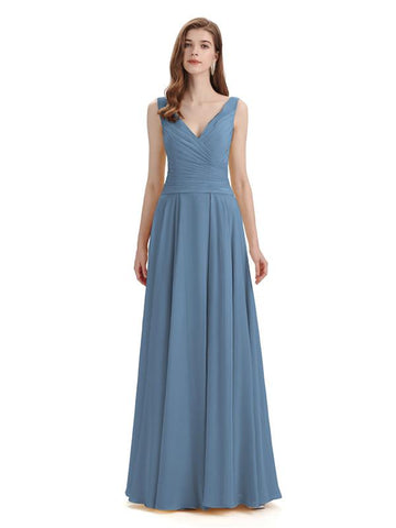 Slate Blue A-Line Sleeveless V-Neck Side Slit Floor-Length Bridesmaid Dresses