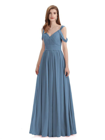 Slate Blue Simple Off-Shoulder Chiffon Floor-Length Long Bridesmaid Dresses