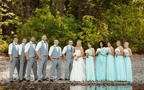 Turquoise bridesmaid dresses with grey suits