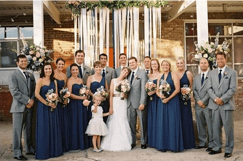 navy blue bridesmaid dresses with grey suits