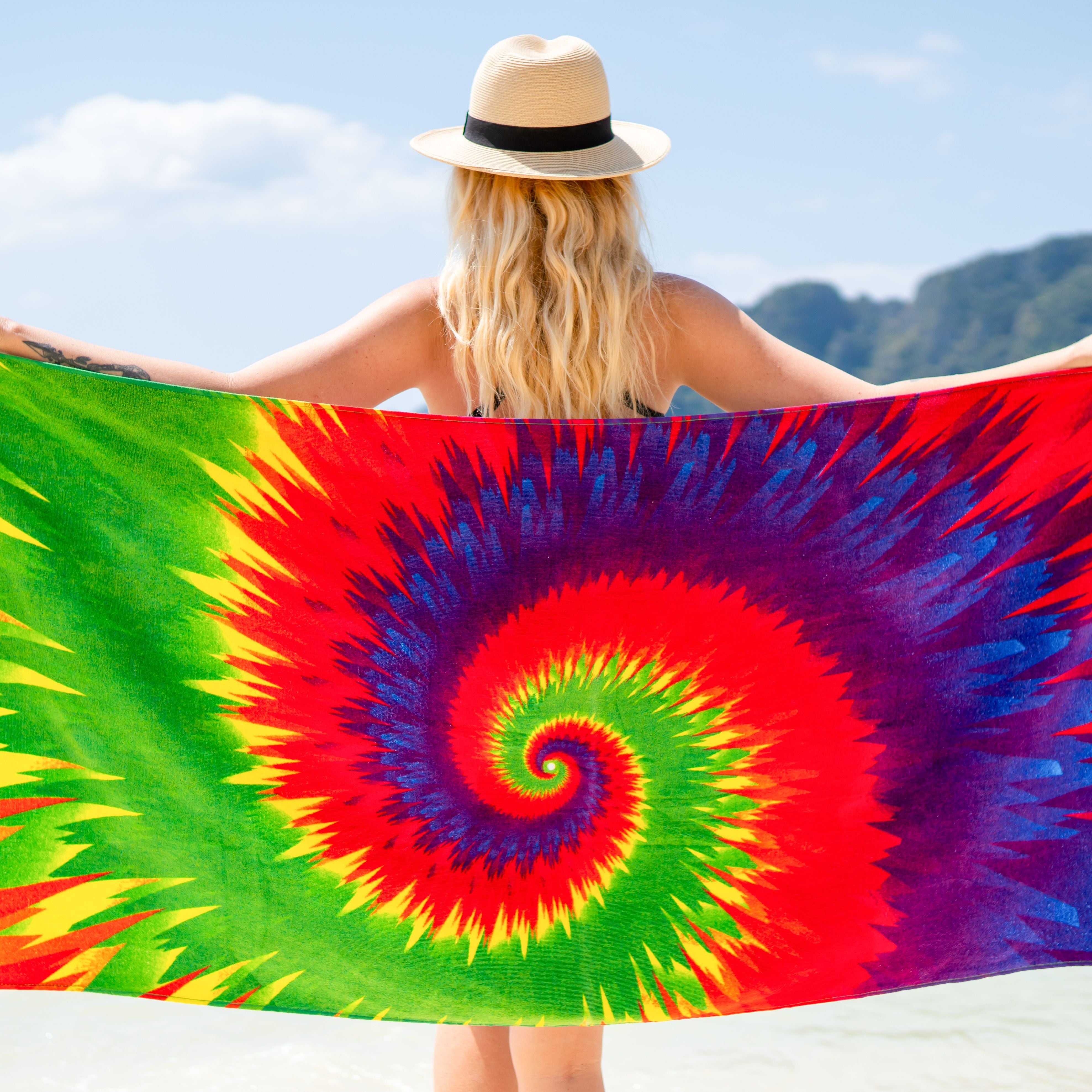 Printed Velour Beach Towel - 30 x 60 - Tie Dye Design, Buy One or a Bulk Case of 24