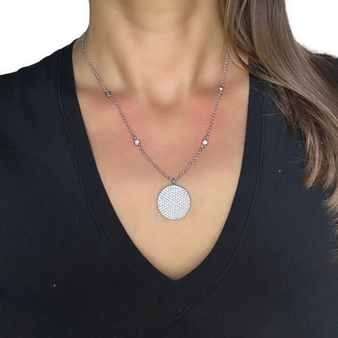 White Rhodium Clad Pave Cubic Zirconia Disc Necklace