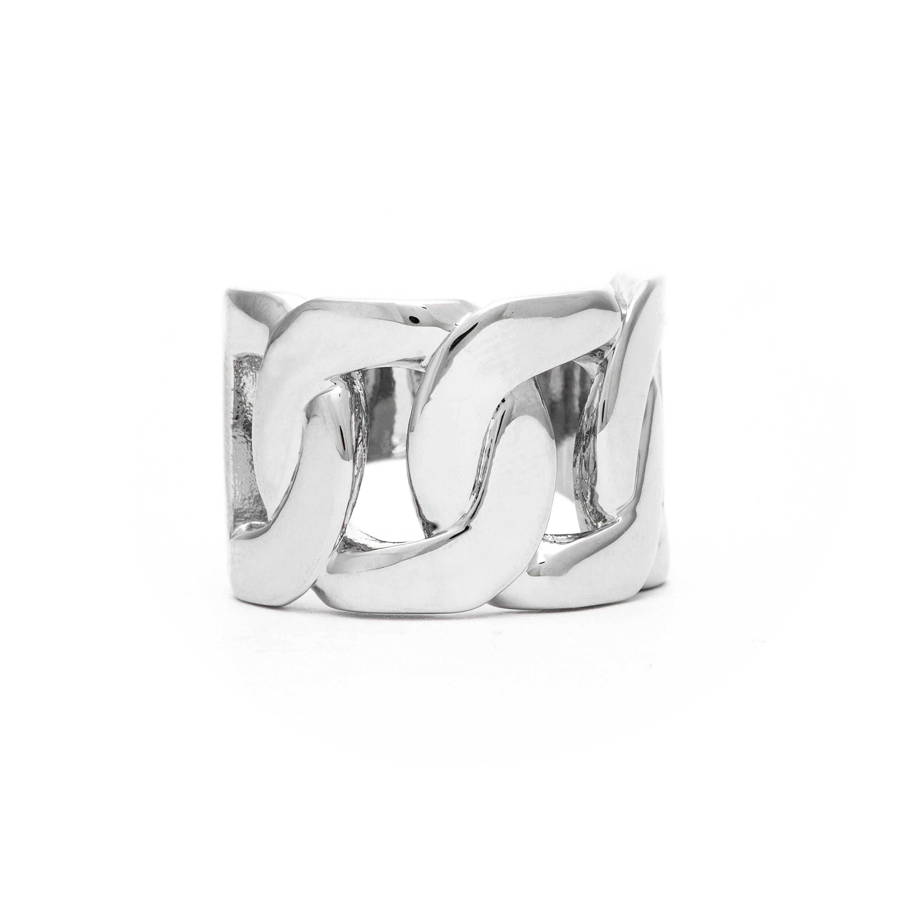 White Rhodium Clad Solid Curb Link Chain Motif Polished Ring