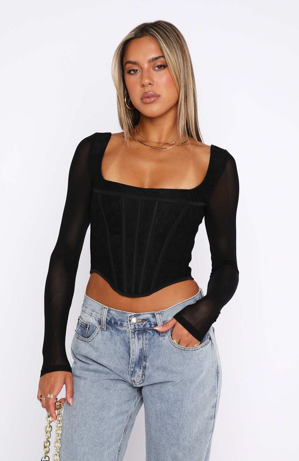 Met In The South Long Sleeve Lace Bustier Black