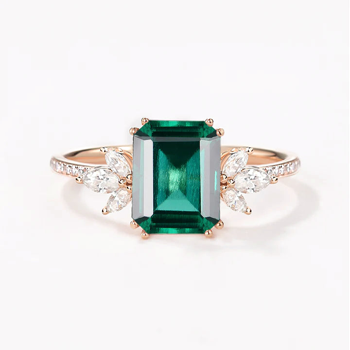 Emerald Cut Moss Agate & Moissanite Gold Cluster Engagement Ring