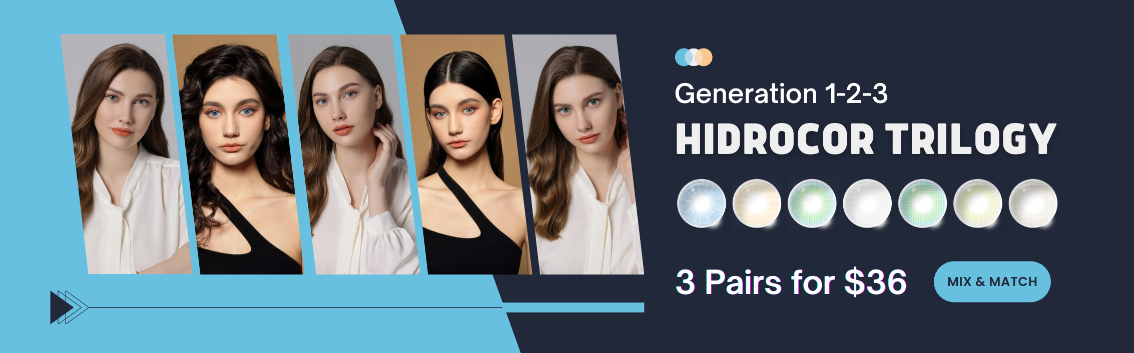 Accédez aux 3 générations de contacts colorés Hidrocor.