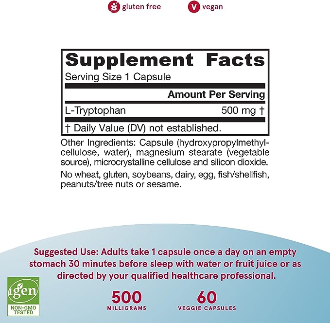 Jarrow Formulas, L-Tryptophan, 500 mg, 60 Veggie Caps