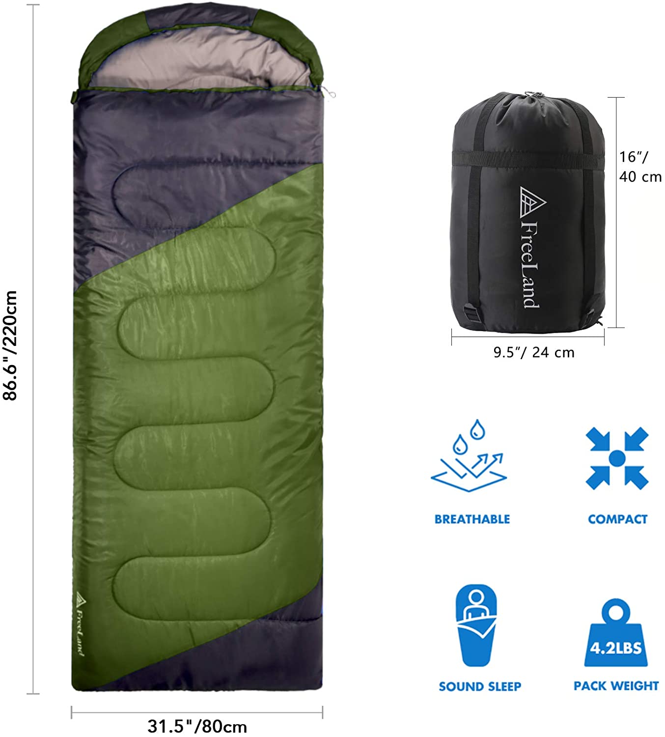 FreeLand Camping Sleeping Bags-3 Seasons Warm & Cold Weather, Lightweight Waterproof for Adults & Kids, Camping Gear Equipment for Traveling & Outdoors