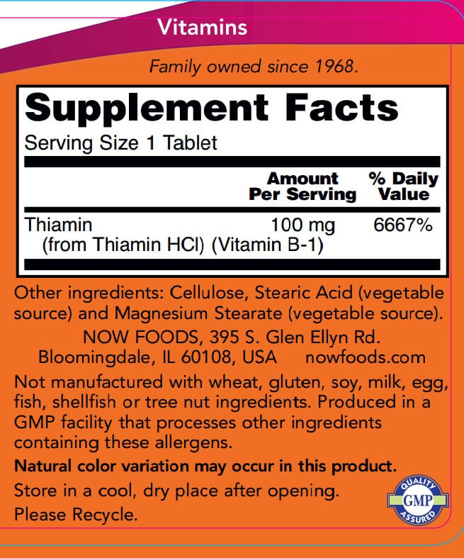 Now Foods - Vitamin B-1, Thiamine, 100 mg, 100 Tablets