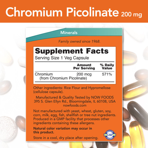 NOW Chromium Picolinate 200 mcg, 100 Veg Capsules