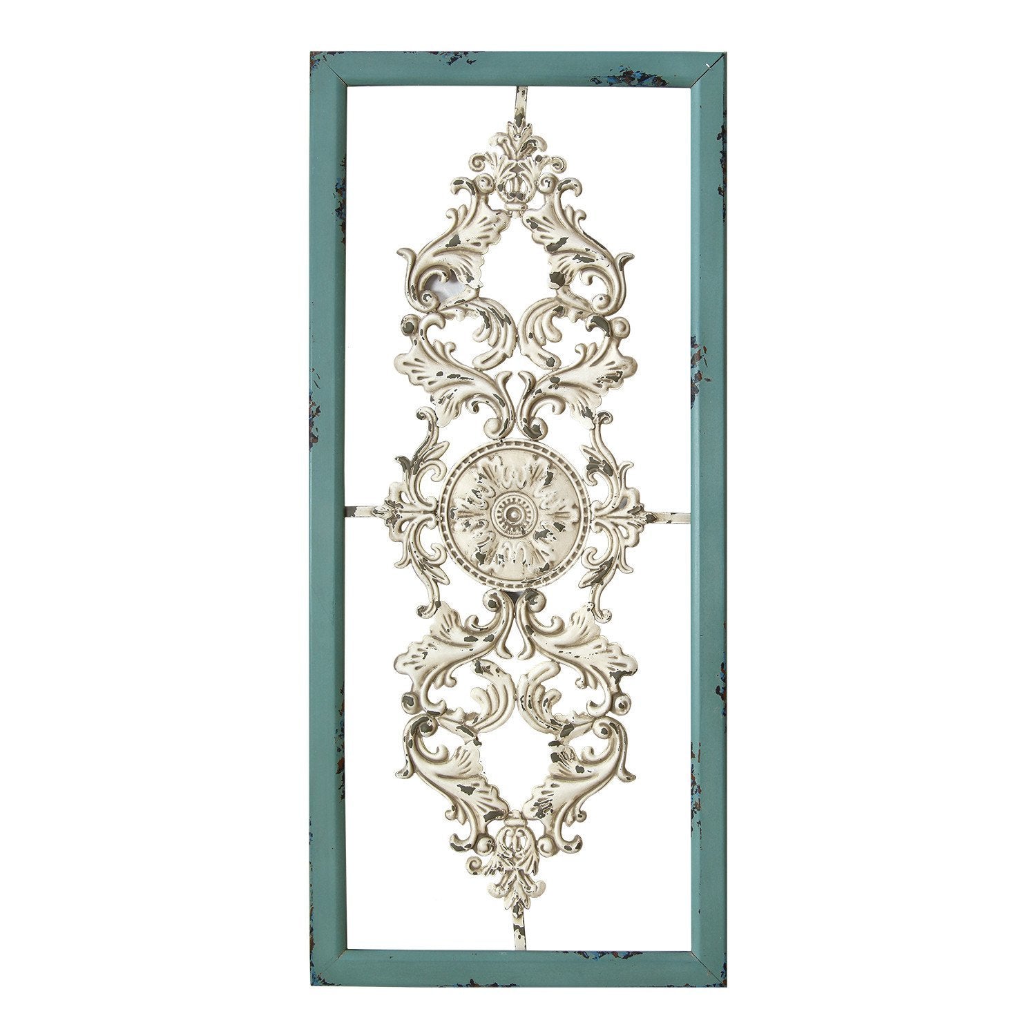 Distressed White and Turquoise Framed Scroll Metal Panel