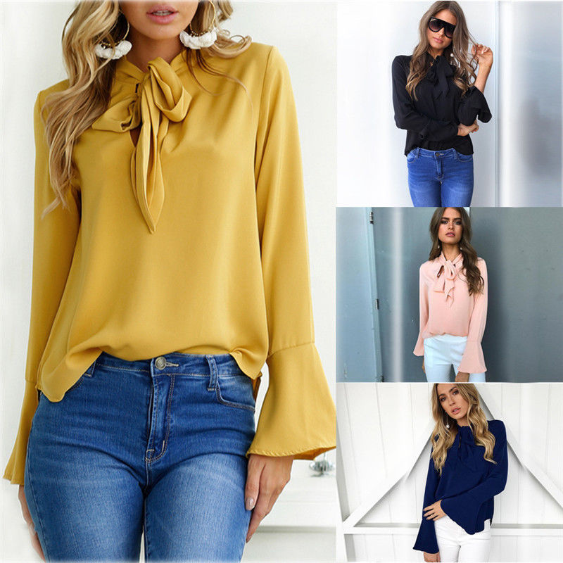 Solid color trumpet sleeves chiffon blouse