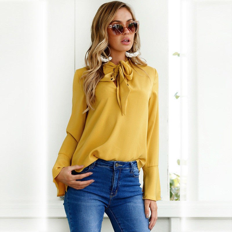 Solid color trumpet sleeves chiffon blouse