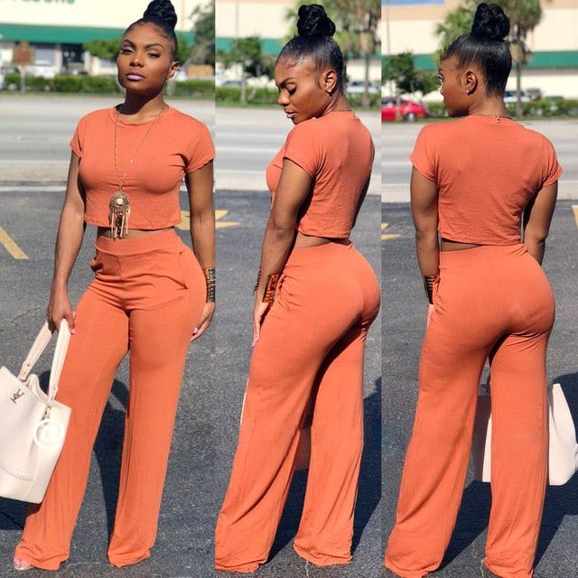 Two Piece Crop Top Set with Wide Leg Pants