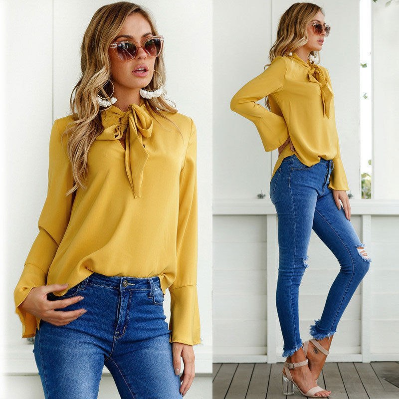 Solid color trumpet sleeves chiffon blouse