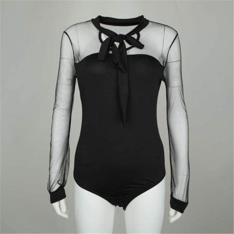 1PCS Bodysuit Bowtie Black Mock Neck Transparent Blouse