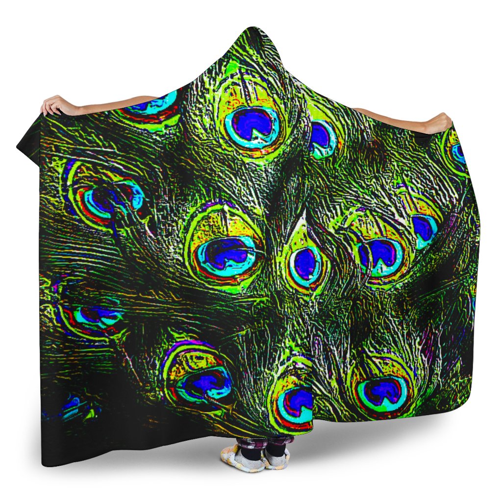 Psychedelic Peacock Feathers Hooded Blanket, Sherpa Blanket, Boho Tribal, Vegan