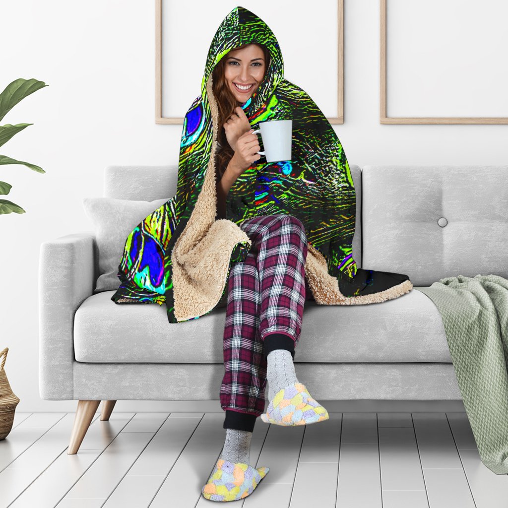 Psychedelic Peacock Feathers Hooded Blanket, Sherpa Blanket, Boho Tribal, Vegan