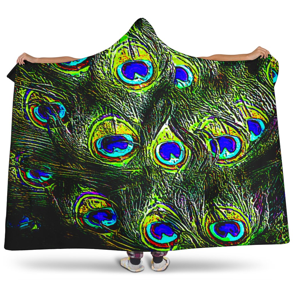 Psychedelic Peacock Feathers Hooded Blanket, Sherpa Blanket, Boho Tribal, Vegan