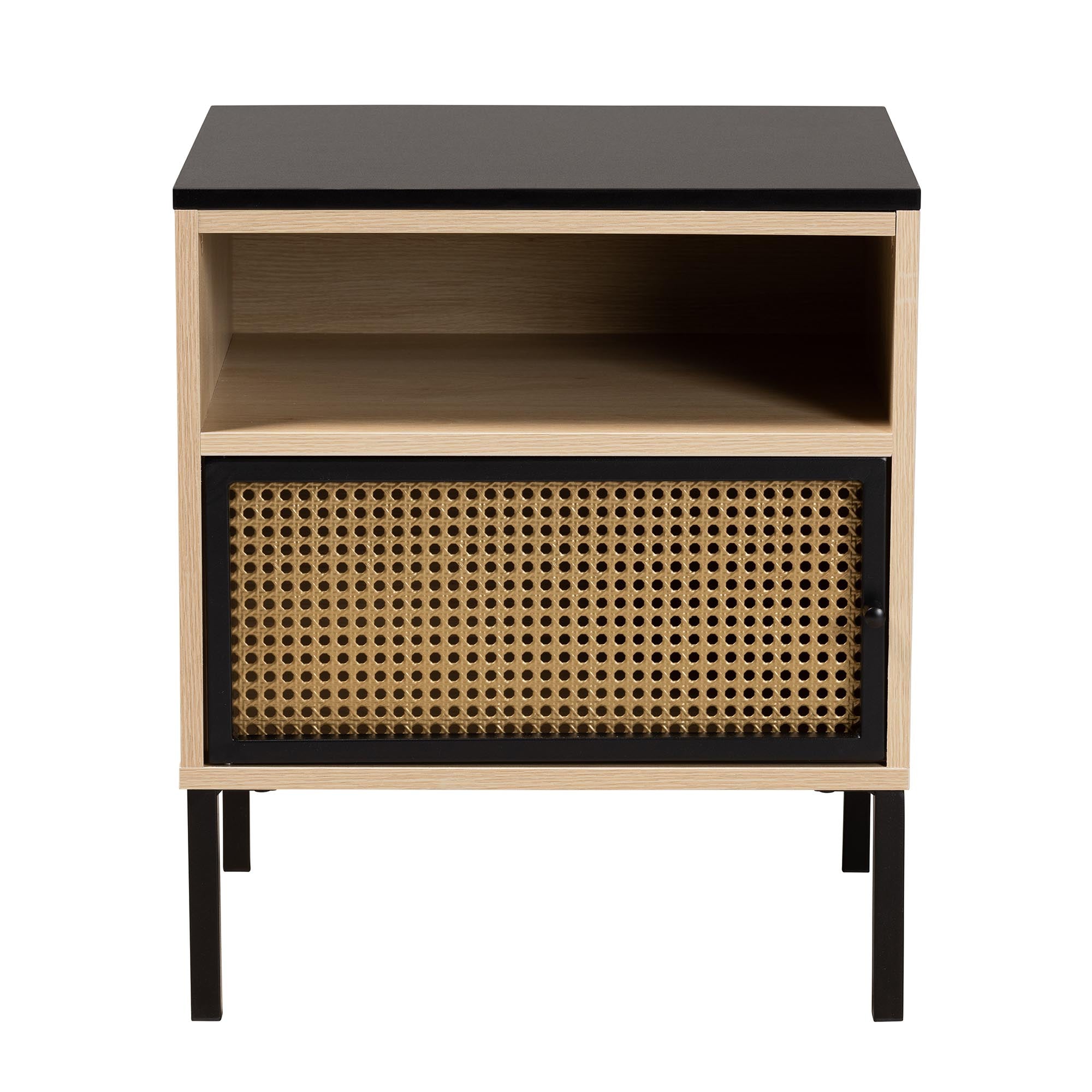 Mid-century Modern Two-tone Black And Gold Metal And Light Brown Finished Wood 1-door End Table