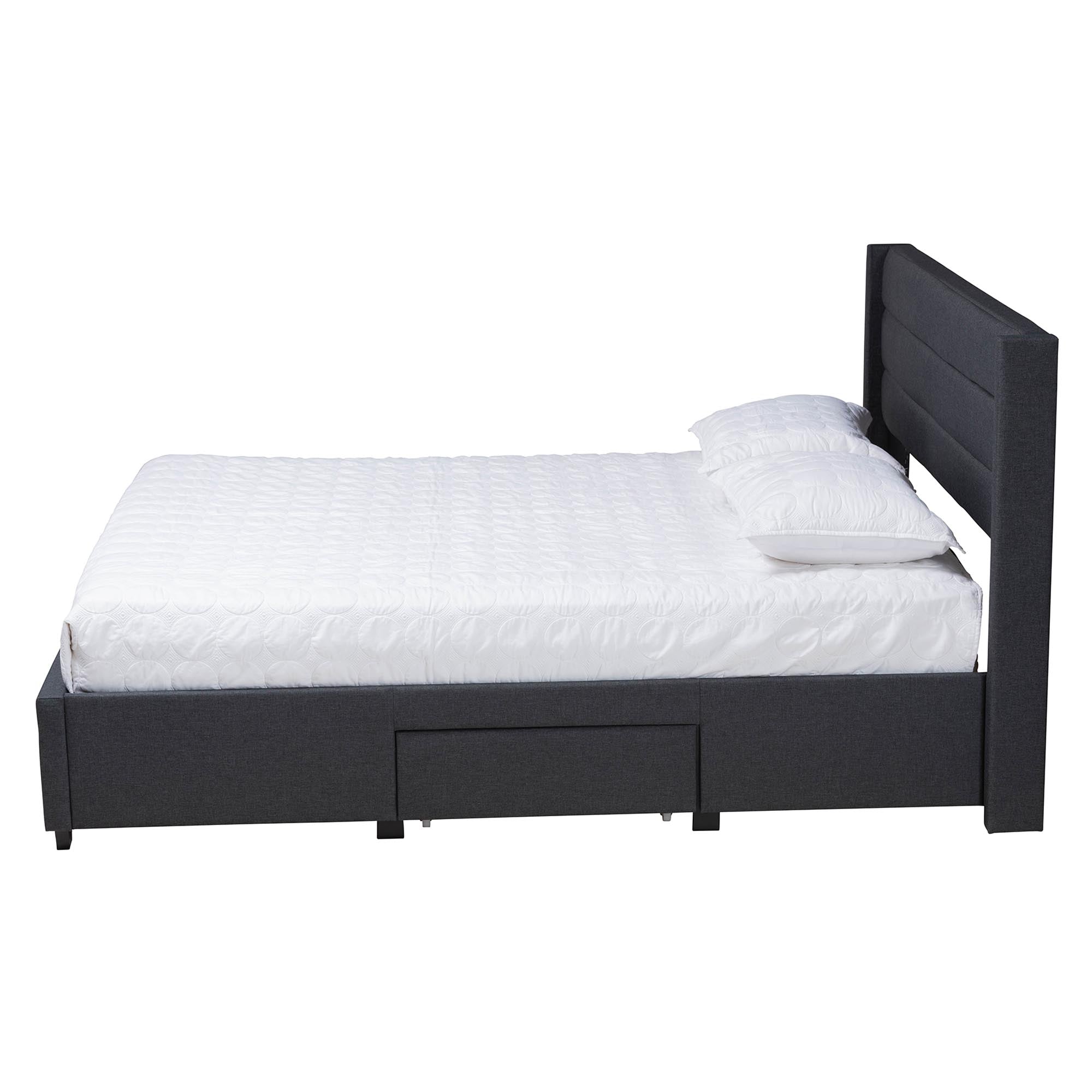 Mid-century Modern Transitional Charcoal Grey Fabric And Dark Brown Finished Wood Full Size 3-drawer Storage Platform Bed