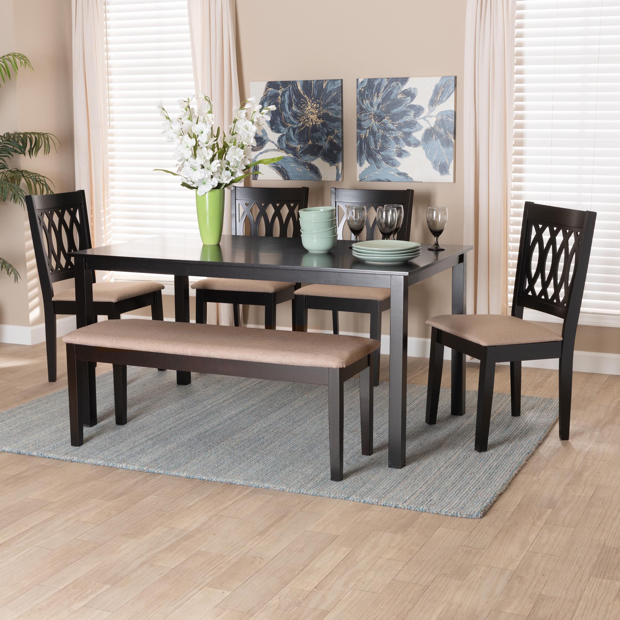 Florencia Modern Beige Fabric And Espresso Brown Finished Wood 6-piece Dining Set