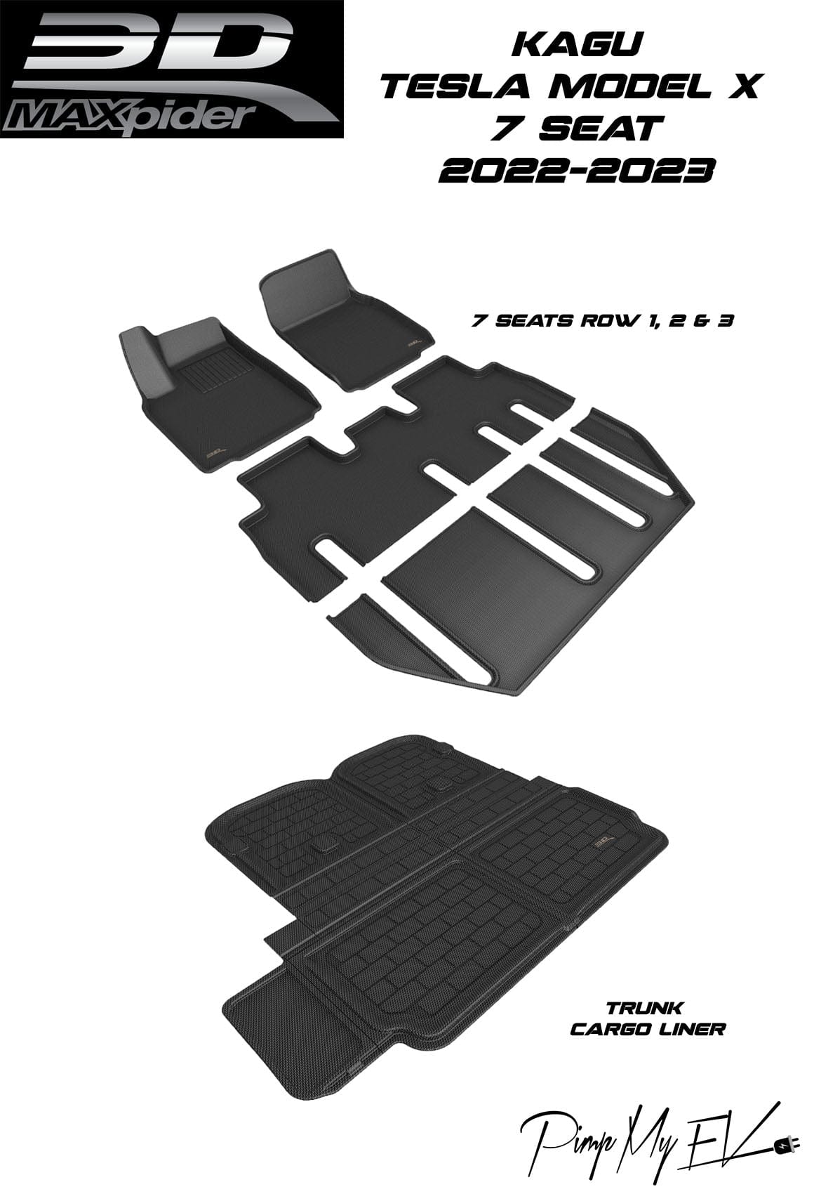 3D MAXpider Custom Fit All-Weather KAGU Series LHD Floor Mats For Tesla Model X 7 SEAT 2022-2024