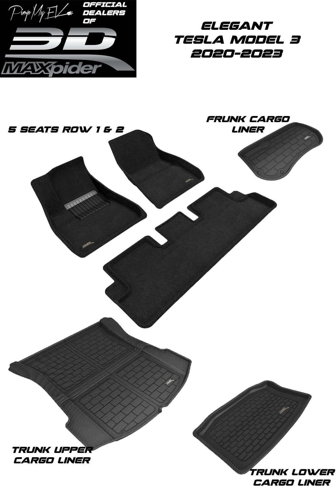 3D MAXpider Custom Fit All-Weather ELEGANT Series LHD Floor Mats For Tesla Model 3 5 SEAT 2020-2023