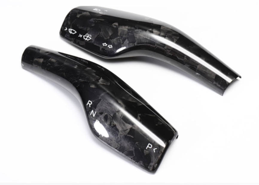 Real Molded Gloss Forged Carbon Fiber Turn Signal and Driving Stalk Overlay Covers for Tesla Model Y 2017-2024